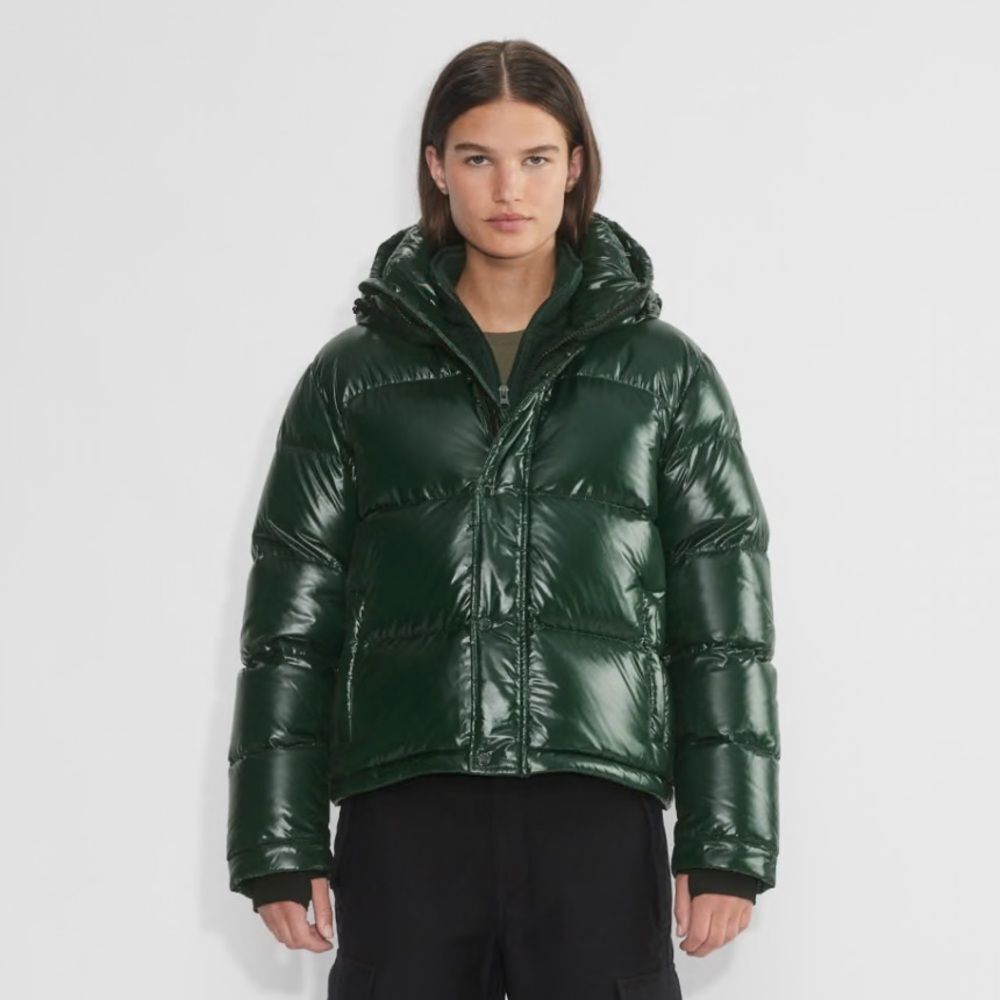 Aritzia Super Puff Shorty Hi-Gloss Down Crop Puffer Jacket Scarab Green XXS NWT